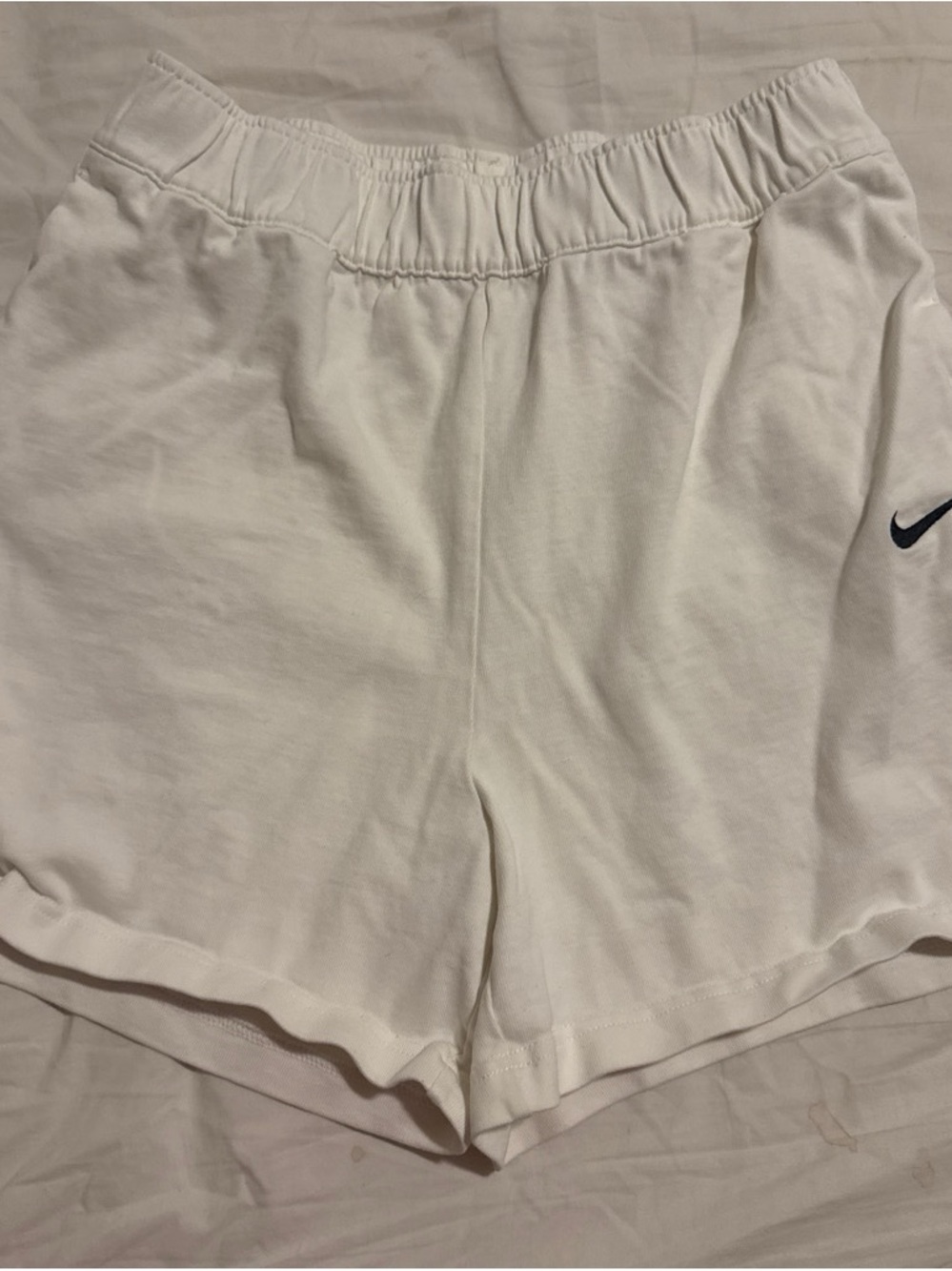 Nike Women's White Elastic-Waist Athletic Shorts with Navy Swoosh